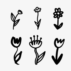 Hand-drawn doodle sketch set of six branches with flowers in black and white. A simple, elegant illustration perfect for botanical designs, decoration, nature-inspired branding, and creative