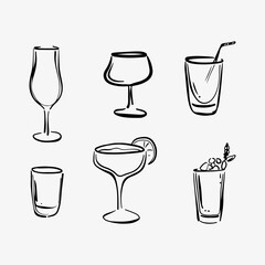 Hand-drawn doodle sketch set of six glasses for different cocktails, including martini, whiskey, gin, margarita, mojito, and rum. Perfect for bar menus, cocktail branding, and alcohol-related designs.