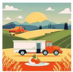 Obraz premium Farm to Table Concept with Delivery Truck, Sunset over Fields, and Fresh Produce in Rural Landscape