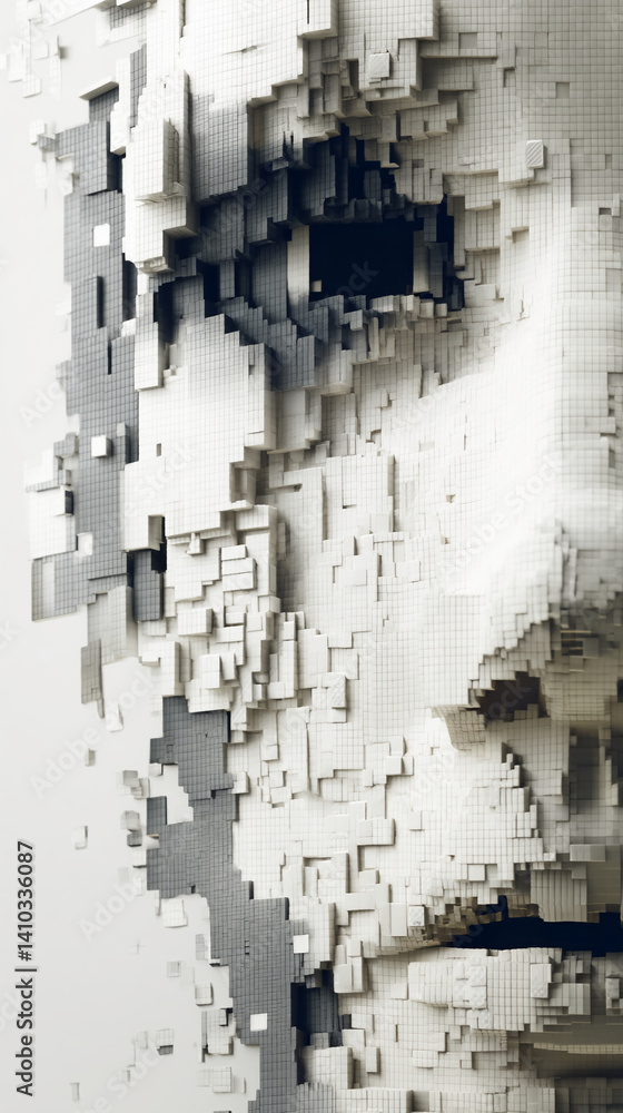 Poster abstract image of a face fragmented into white and gray cubes, creating a pixelated effect, showcasi