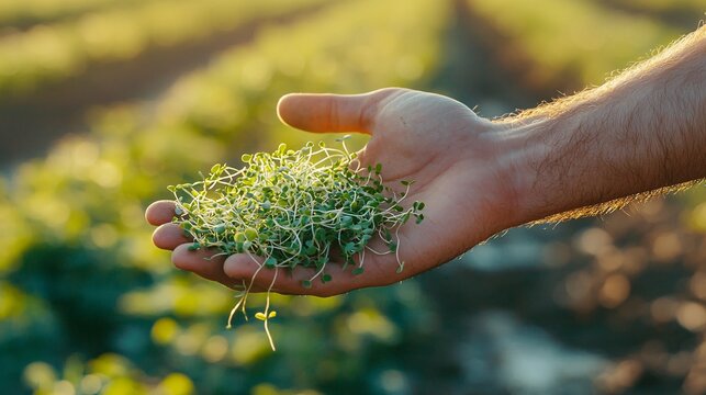 hand holding a bunch of alfalfa sprouts against a blurred farm field background, emphasizing farm-fresh quality and natural growth. Copy space on the right for branding or text. hand holding, 