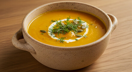 Creamy Pumpkin Soup Garnished with Dill and Seeds in Rustic Bowl