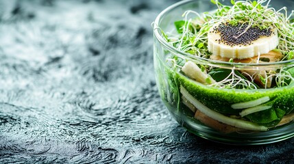 Obraz premium glass smoothie filled with green ingredients, including alfalfa sprouts, spinach, and banana, topped with chia seeds. Bright lighting highlights freshness, with copy space on the side. green 