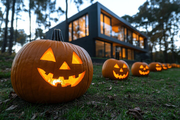 Halloween pumpkins on steps of house, glowing in dark night, creating spooky atmosphere for trick-or-treaters.