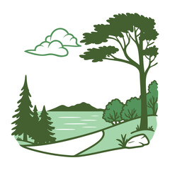 Obraz premium Scenic Nature Landscape with Trees, Hills, and River - Vintage Vector Illustration in Monochrome Style