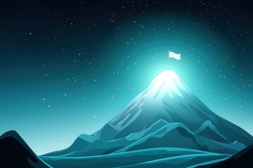 Cheerful cartoon of a glowing mountain with a flag at the summit digital art nighttime landscape inspirational concept