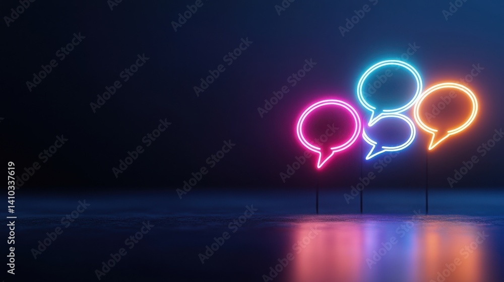 Poster cheerful virtual classroom for language learning with vibrant neon speech bubbles digital space enga
