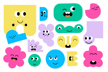Fototapeta premium Colorful abstract shapes with cute cartoon faces showing various emotions. Fun and playful character set for kids' designs, stickers, and creative projects.