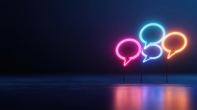 Cheerful virtual classroom for language learning with vibrant neon speech bubbles digital space engaging atmosphere creative perspective