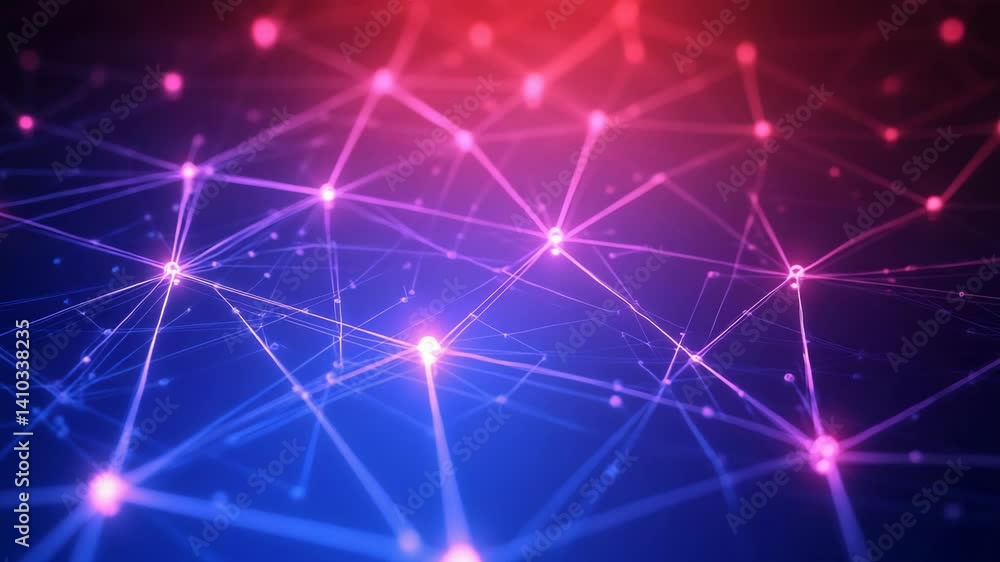 Poster abstract network of connected nodes with pink glowing lights on a blue and red gradient background