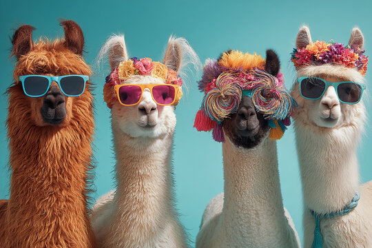 Four llamas wearing sunglasses and floral headwear against a teal background Showcase of animals with accessories, fun and quirky concept