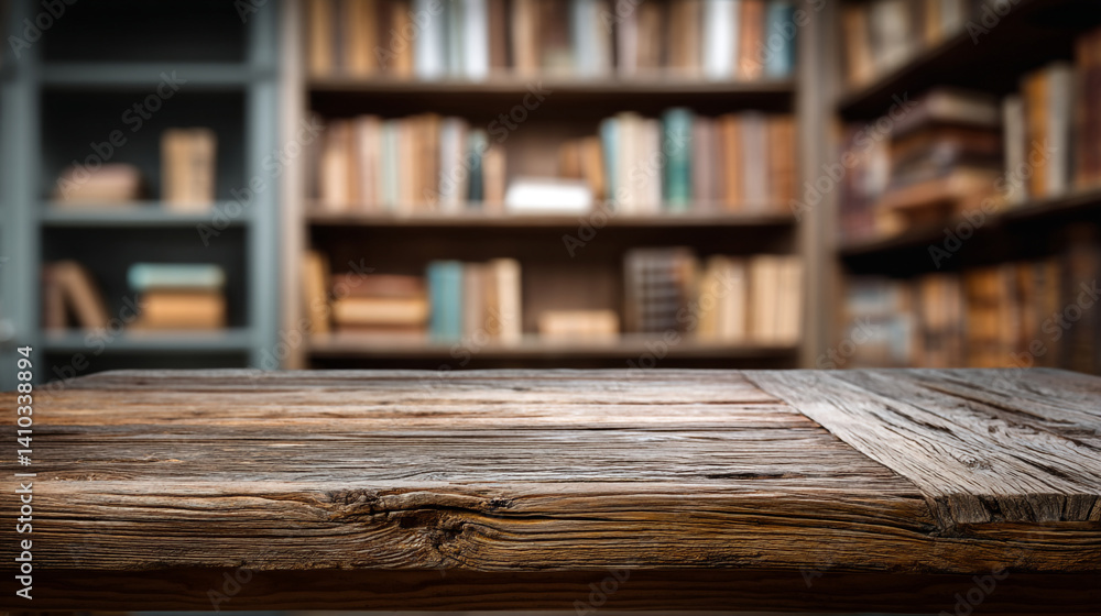 Poster rustic wooden table with blurred library background for product display and advertisement mockup spa