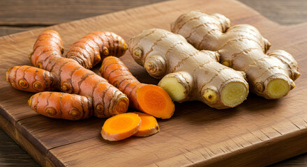 Fresh Ginger And Turmeric Roots On A Rustic Wooden Cutting Board