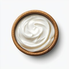 Creamy white yogurt in a rustic brown wooden bowl, photographed from a high angle against a white background. The yogurt has a swirled texture.
