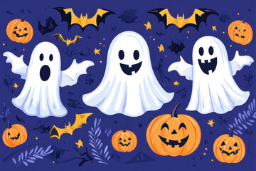 Three ghosts holding pumpkins, surrounded by bats in a spooky, moonlit night.