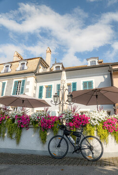 Bicycle parked by a flower-decorated wall in urban spring setting