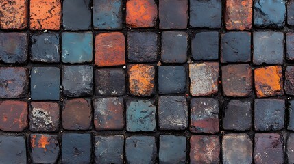 Rustic vintage cobblestone pathway surface with multicolored stones and weathered texture