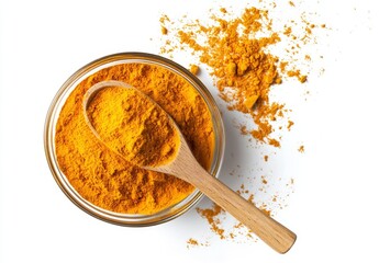 Turmeric powder in a glass bowl and wooden spoon - obrazy, fototapety, plakaty