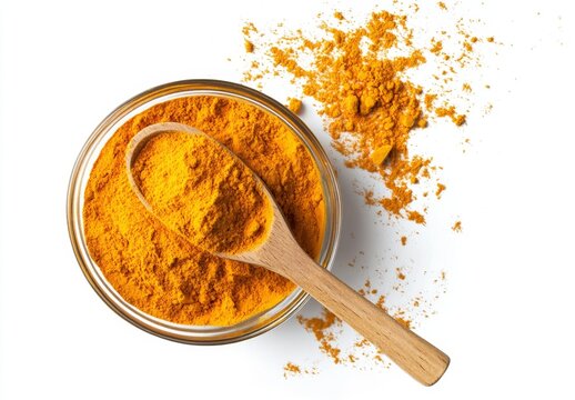 Turmeric powder in a glass bowl and wooden spoon - Powered by Adobe