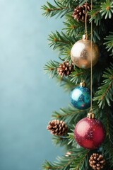 Obraz premium Glass Ball Garland Adorned with Icy Pinecones and Greenery, icy accents, winter wonderland