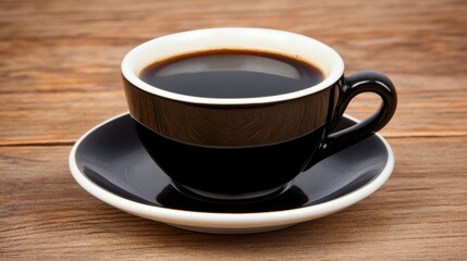 Dark Coffee in a Black Cup on Rustic Wooden Table