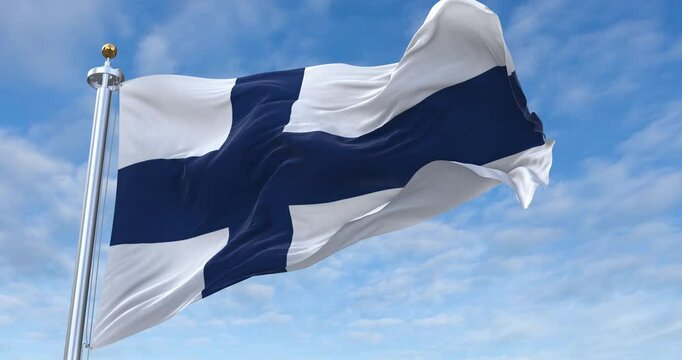 Finland flag with flagpole waving in wind, rolling clouds background looping, 4K video (Perfect Loop)