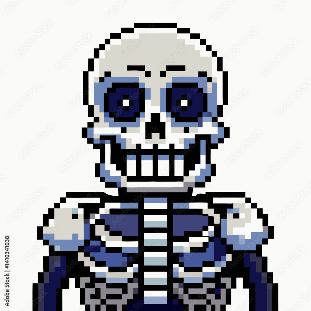 Poster pixel art skeleton character in retro arcade style