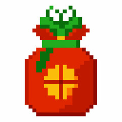 Obraz premium Pixel Art Christmas Gift Bag, Festive Digital Illustration of Holiday Present