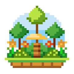 Fototapeta premium Pixel Art of Lush Green Trees and Flowers in a Sunny Garden Scene