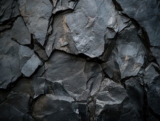 Dark, textured rock face.  Close-up view of fragmented, layered rock formations.  Rough, uneven surface