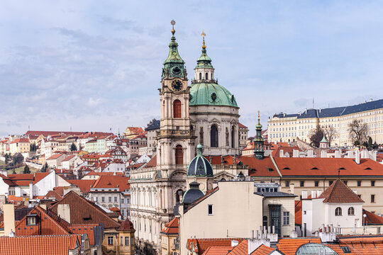 Aerial view of historic Prague showcasing intricate architecture