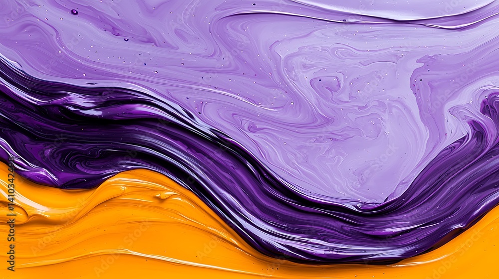 Poster abstract fluid art: blending of purple and orange colors creating a dynamic visual texture and motio