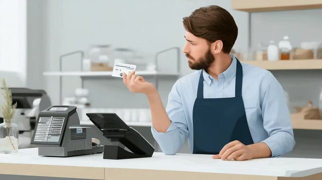 Frustrated retailer reacts to credit card decline at POS terminal in stock video.