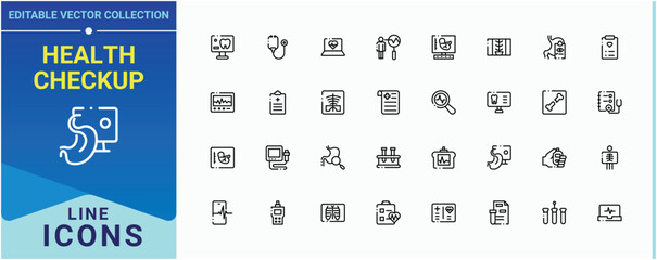 Health Checkup icon set. Includes symbols for doctor, medicine, hospital, pathology, test, diagnosis, laboratory and more. Diagnostic icon collection. Editable stroke. Vector illustration.