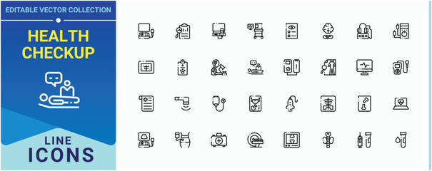 Health Checkup icon set. Includes symbols for doctor, medicine, hospital, pathology, test, diagnosis, laboratory and more. Diagnostic icon collection. Editable stroke. Vector illustration.