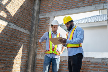 Construction workers collaborating on a building project at a construction site in the daytime