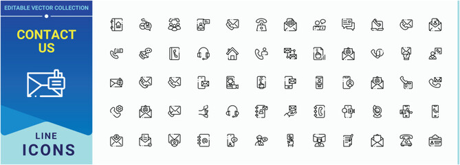 Contact Us icon set in linear style. Contain linear symbols address, personal information, communication, contact, email, info and more. Sign and Symbol. Info icon. Vector illustration.