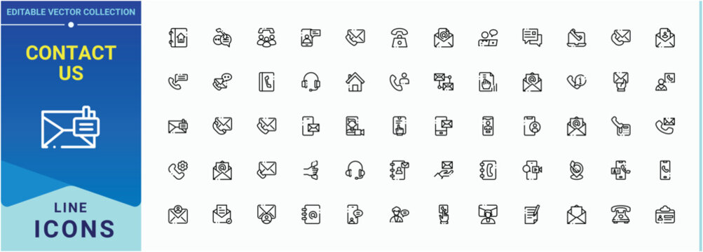 Contact Us icon set in linear style. Contain linear symbols address, personal information, communication, contact, email, info and more. Sign and Symbol. Info icon. Vector illustration.