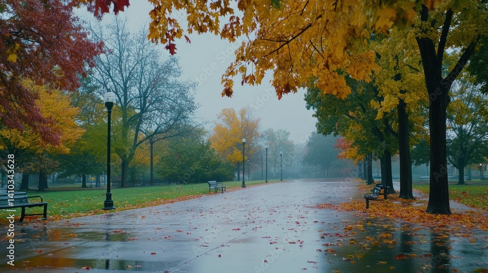 Poster a wet autumn park path lined with colorful trees is visible