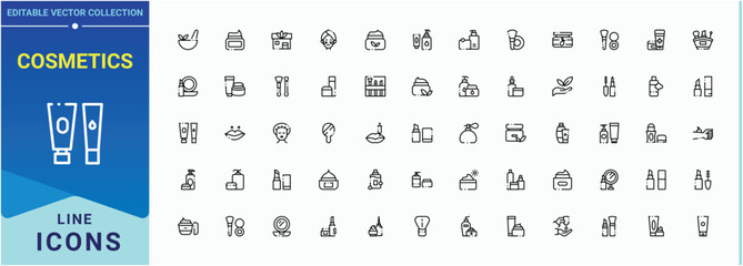 Cosmetics icon set. Contains such icons as  product, care, skincare, makeup and more. Minimal icons pack. Skincare icon. Editable vector stroke.