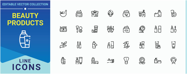 Beauty Products icon pack. Contains such symbols as care, skincare,  product, makeup and more. Cosmetics related icon set. Vector icons collection. Editable stroke vector art.