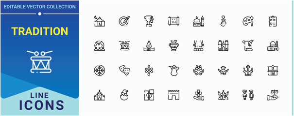 Tradition line icon set. Includes symbols for enjoying, entertainment, musical, theatre, cinema, theater and more. Culture icon set. Icons for website. Editable stroke. Pixel Perfect.