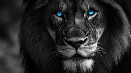 Majestic black-and-white lion with piercing blue eyes, a symbol of rare beauty and untamed wilderness.