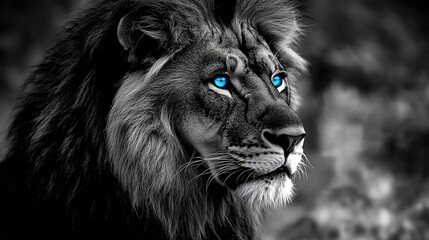 Majestic black-and-white lion with piercing blue eyes, a symbol of rare beauty and untamed wilderness.