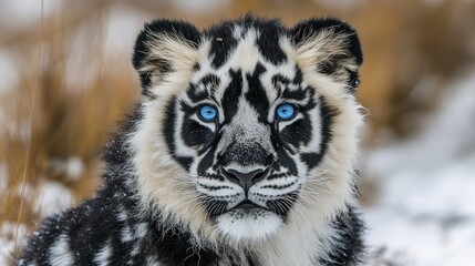 Majestic black-and-white lion with piercing blue eyes, a symbol of rare beauty and untamed wilderness.