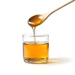 Golden Nectar: A wooden spoon drips a stream of amber liquid into a transparent glass, an ode to the sweet, golden elixir's purity and allure. 