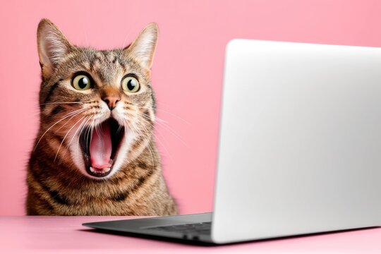 Surprised tabby cat with open mouth looking at laptop screen on pink background.