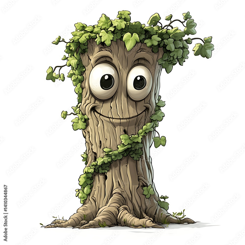 Poster animated tree character: a friendly, animated tree character with big, expressive eyes and a cheerfu