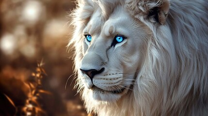 Majestic black-and-white lion with piercing blue eyes, a symbol of rare beauty and untamed wilderness.