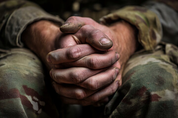 Fototapeta premium Close-up of clasped, dirt-stained hands in camouflage uniform, conveying hardship, resilience, and experience